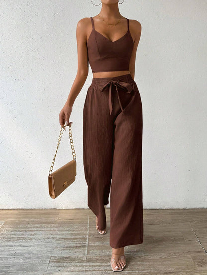 SHEIN RaffinéA Women'S Push-Up Bra Cup Strap Top with Bowknot, Elastic Straight Pants, Holiday 2Pcs Set