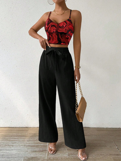 SHEIN RaffinéA Women'S Push-Up Bra Cup Strap Top with Bowknot, Elastic Straight Pants, Holiday 2Pcs Set