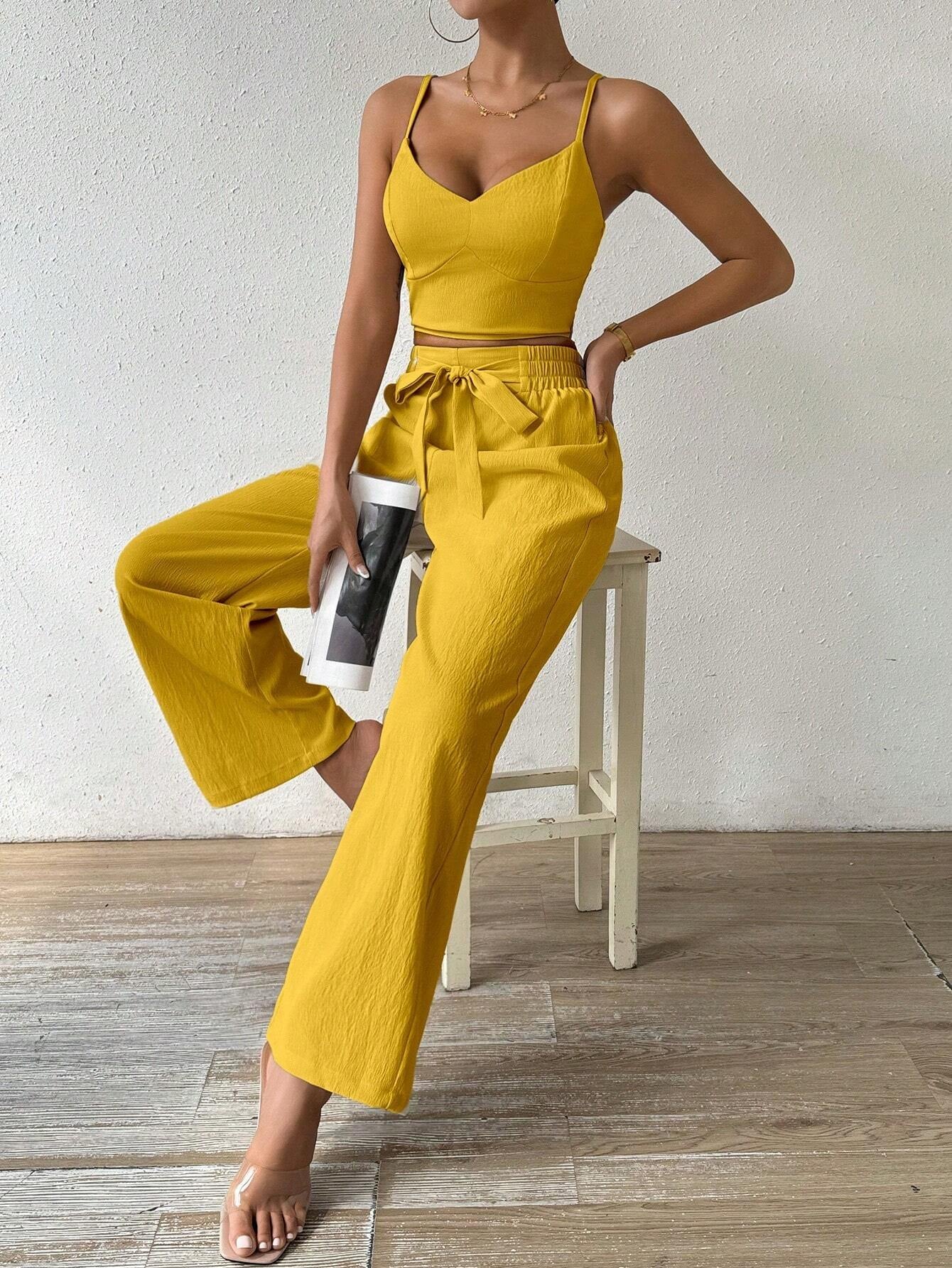 SHEIN RaffinéA Women'S Push-Up Bra Cup Strap Top with Bowknot, Elastic Straight Pants, Holiday 2Pcs Set