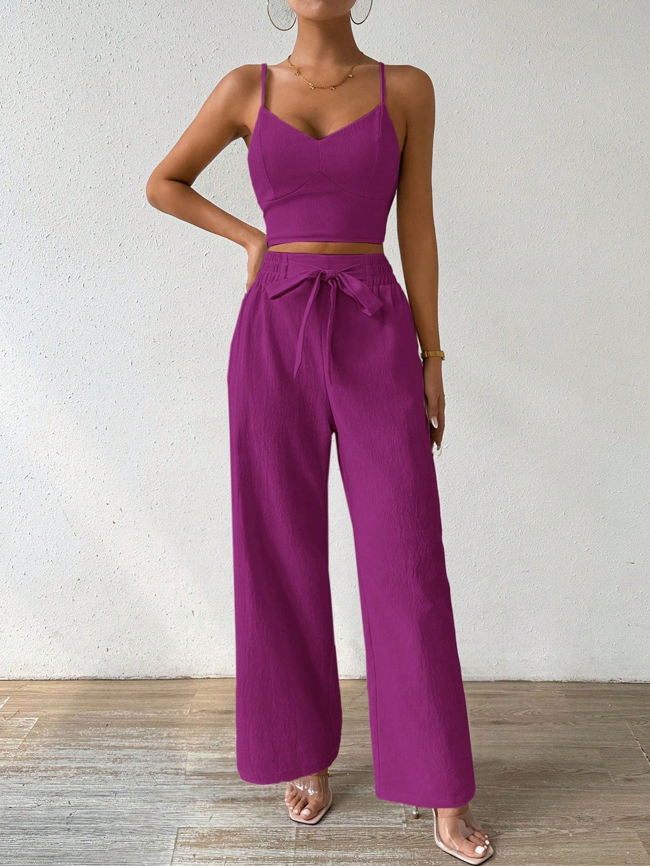 SHEIN RaffinéA Women'S Push-Up Bra Cup Strap Top with Bowknot, Elastic Straight Pants, Holiday 2Pcs Set