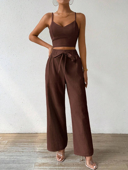 SHEIN RaffinéA Women'S Push-Up Bra Cup Strap Top with Bowknot, Elastic Straight Pants, Holiday 2Pcs Set