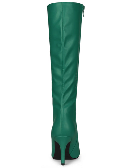 Women Pointed Toe Side Zipper Stiletto Heel Knee High Boots Dark Green 8