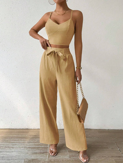 SHEIN RaffinéA Women'S Push-Up Bra Cup Strap Top with Bowknot, Elastic Straight Pants, Holiday 2Pcs Set