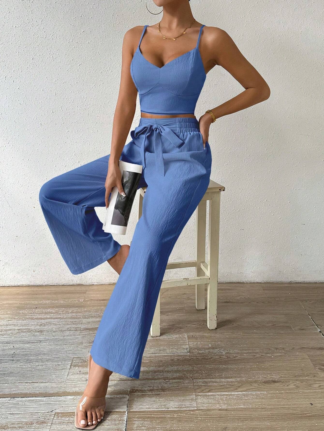 SHEIN RaffinéA Women'S Push-Up Bra Cup Strap Top with Bowknot, Elastic Straight Pants, Holiday 2Pcs Set