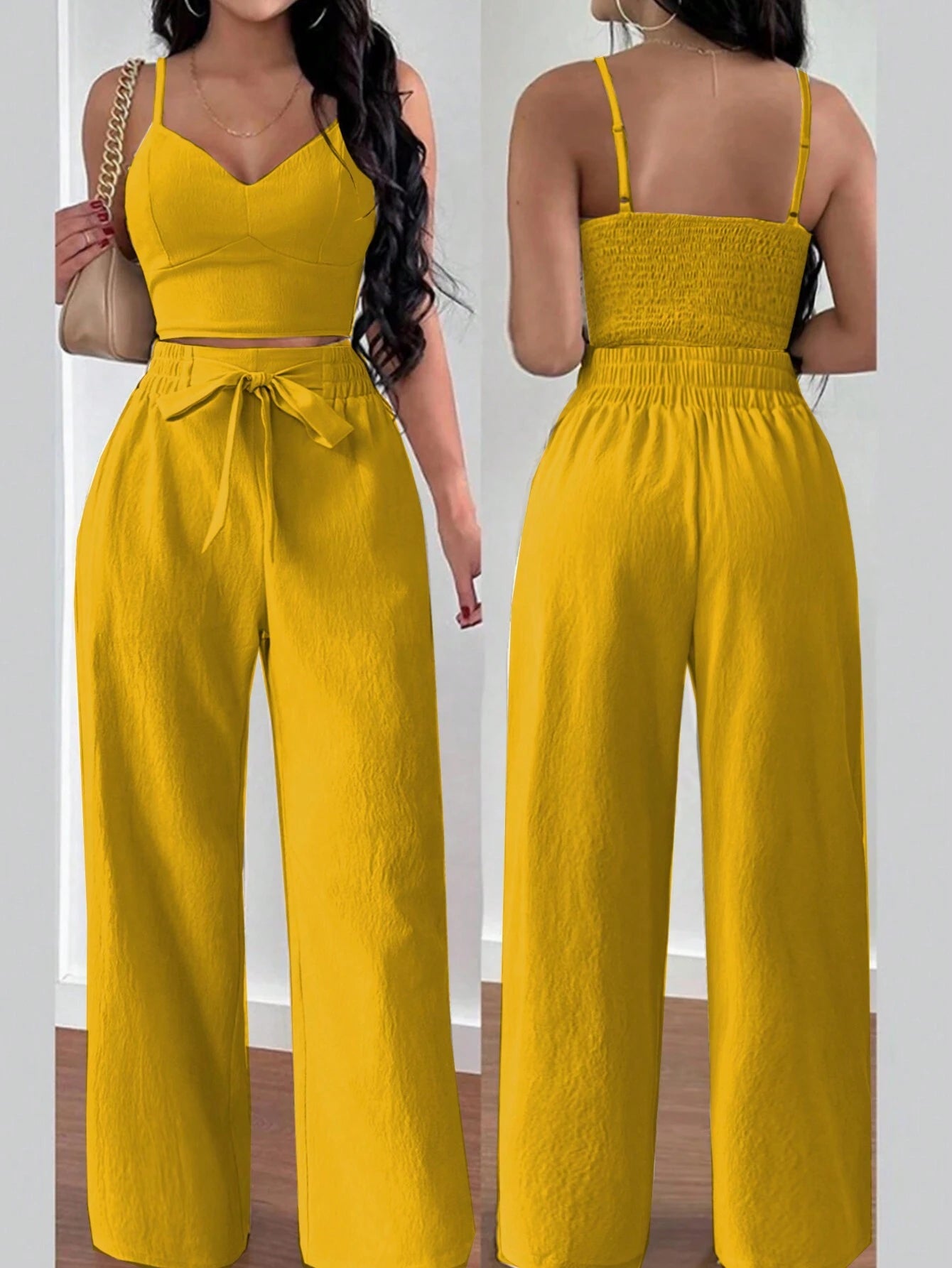 SHEIN RaffinéA Women'S Push-Up Bra Cup Strap Top with Bowknot, Elastic Straight Pants, Holiday 2Pcs Set