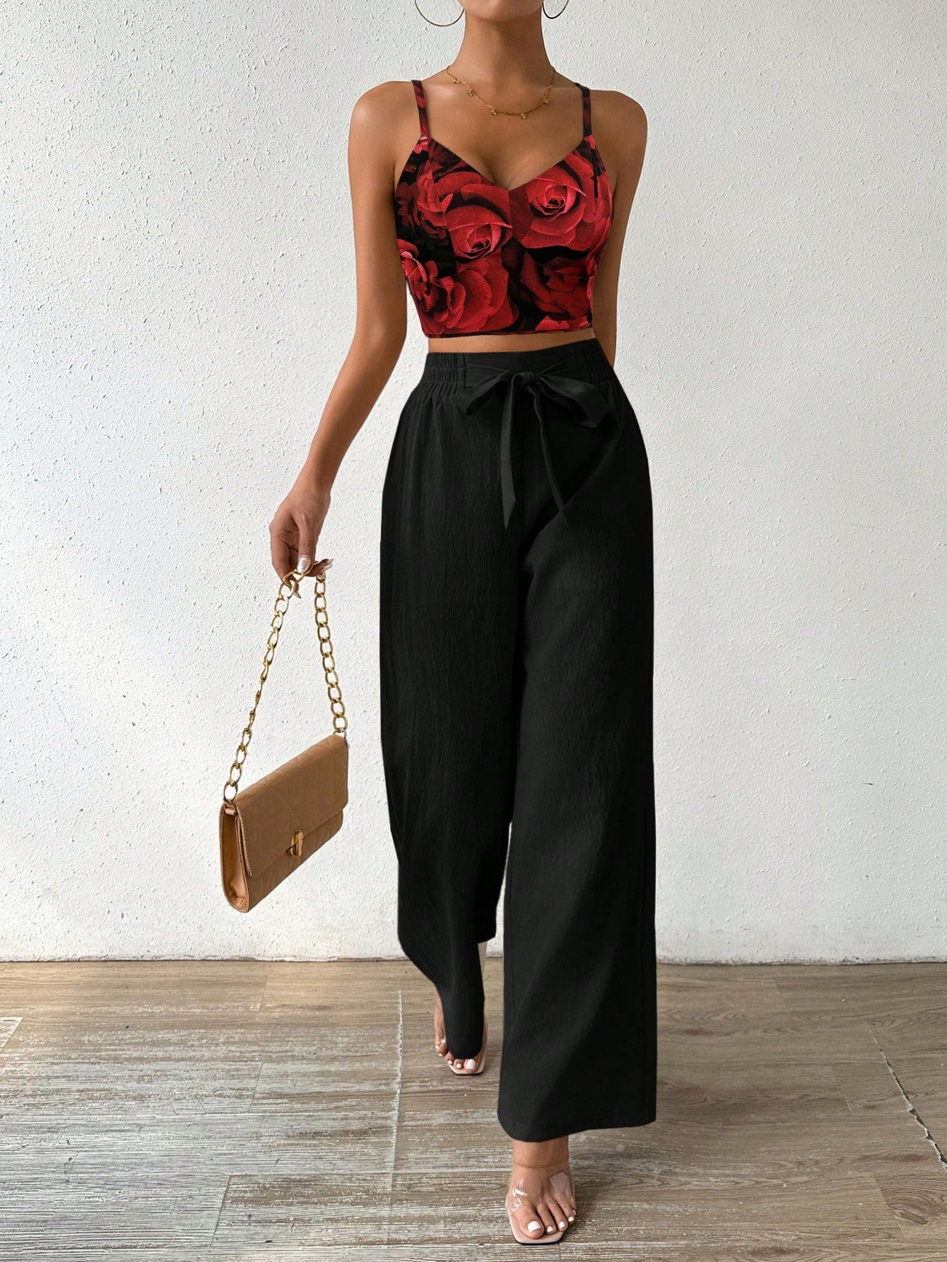 SHEIN RaffinéA Women'S Push-Up Bra Cup Strap Top with Bowknot, Elastic Straight Pants, Holiday 2Pcs Set