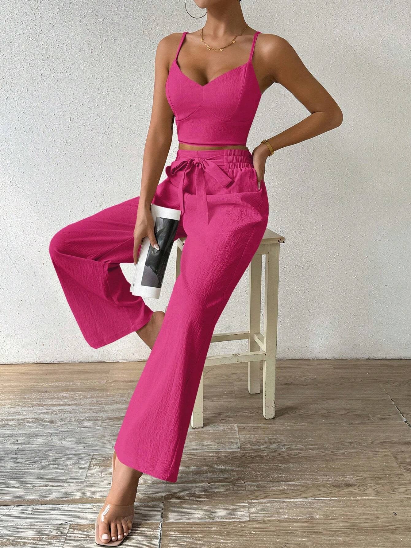 SHEIN RaffinéA Women'S Push-Up Bra Cup Strap Top with Bowknot, Elastic Straight Pants, Holiday 2Pcs Set