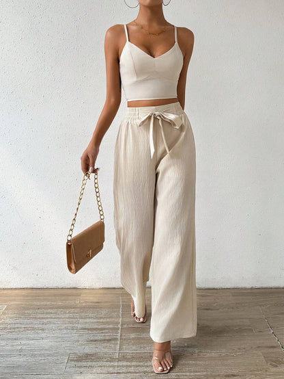 SHEIN RaffinéA Women'S Push-Up Bra Cup Strap Top with Bowknot, Elastic Straight Pants, Holiday 2Pcs Set