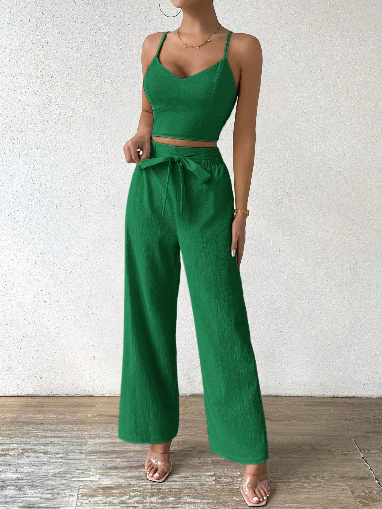 SHEIN RaffinéA Women'S Push-Up Bra Cup Strap Top with Bowknot, Elastic Straight Pants, Holiday 2Pcs Set