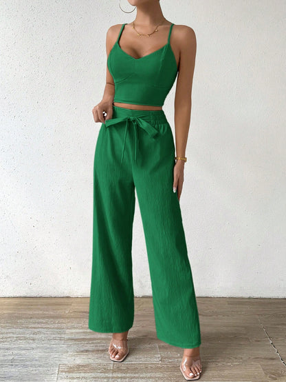SHEIN RaffinéA Women'S Push-Up Bra Cup Strap Top with Bowknot, Elastic Straight Pants, Holiday 2Pcs Set