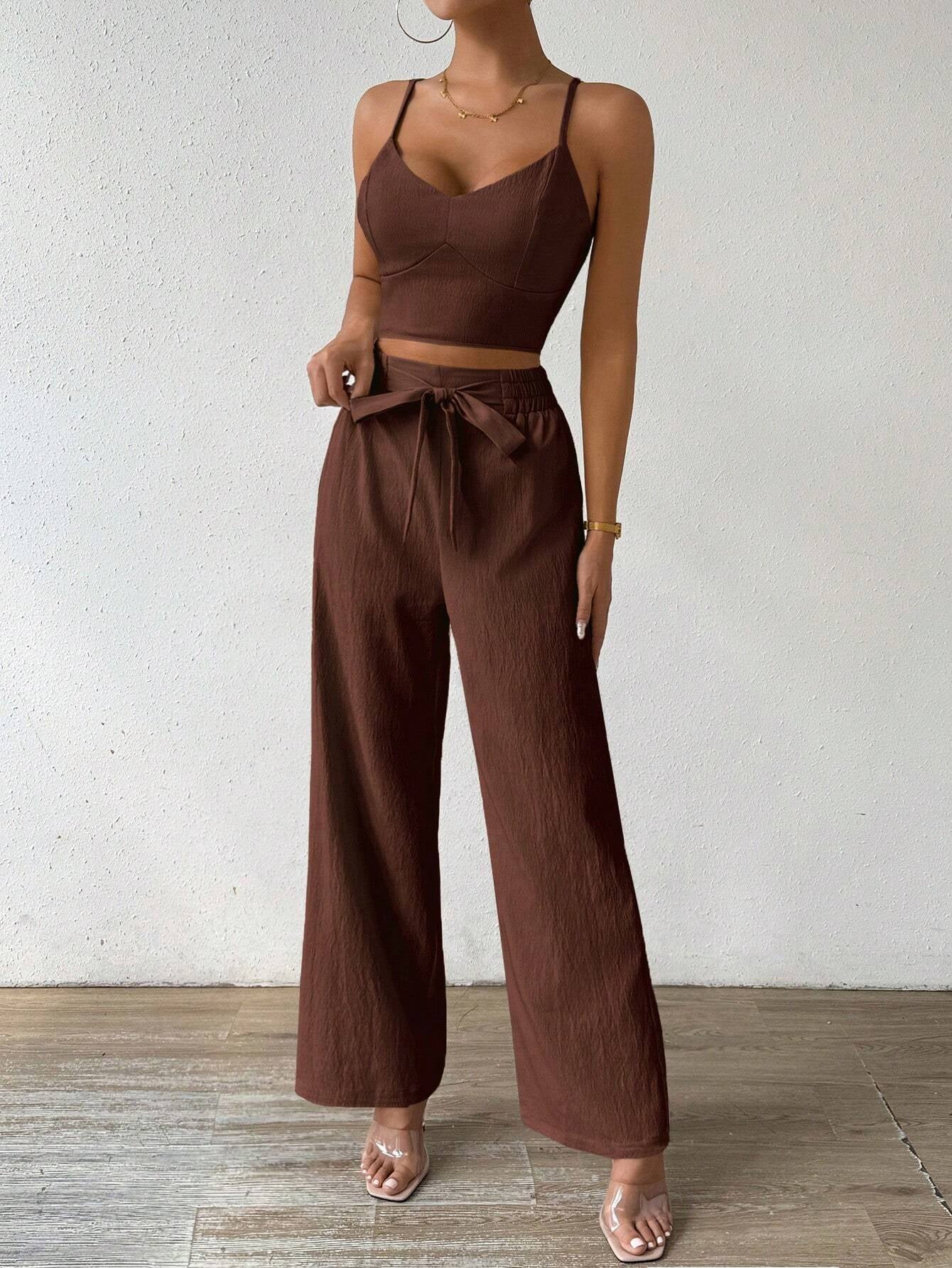 SHEIN RaffinéA Women'S Push-Up Bra Cup Strap Top with Bowknot, Elastic Straight Pants, Holiday 2Pcs Set