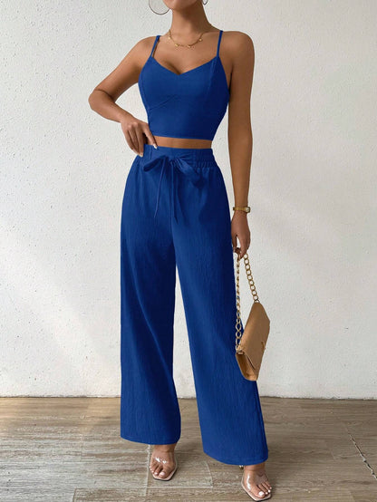SHEIN RaffinéA Women'S Push-Up Bra Cup Strap Top with Bowknot, Elastic Straight Pants, Holiday 2Pcs Set