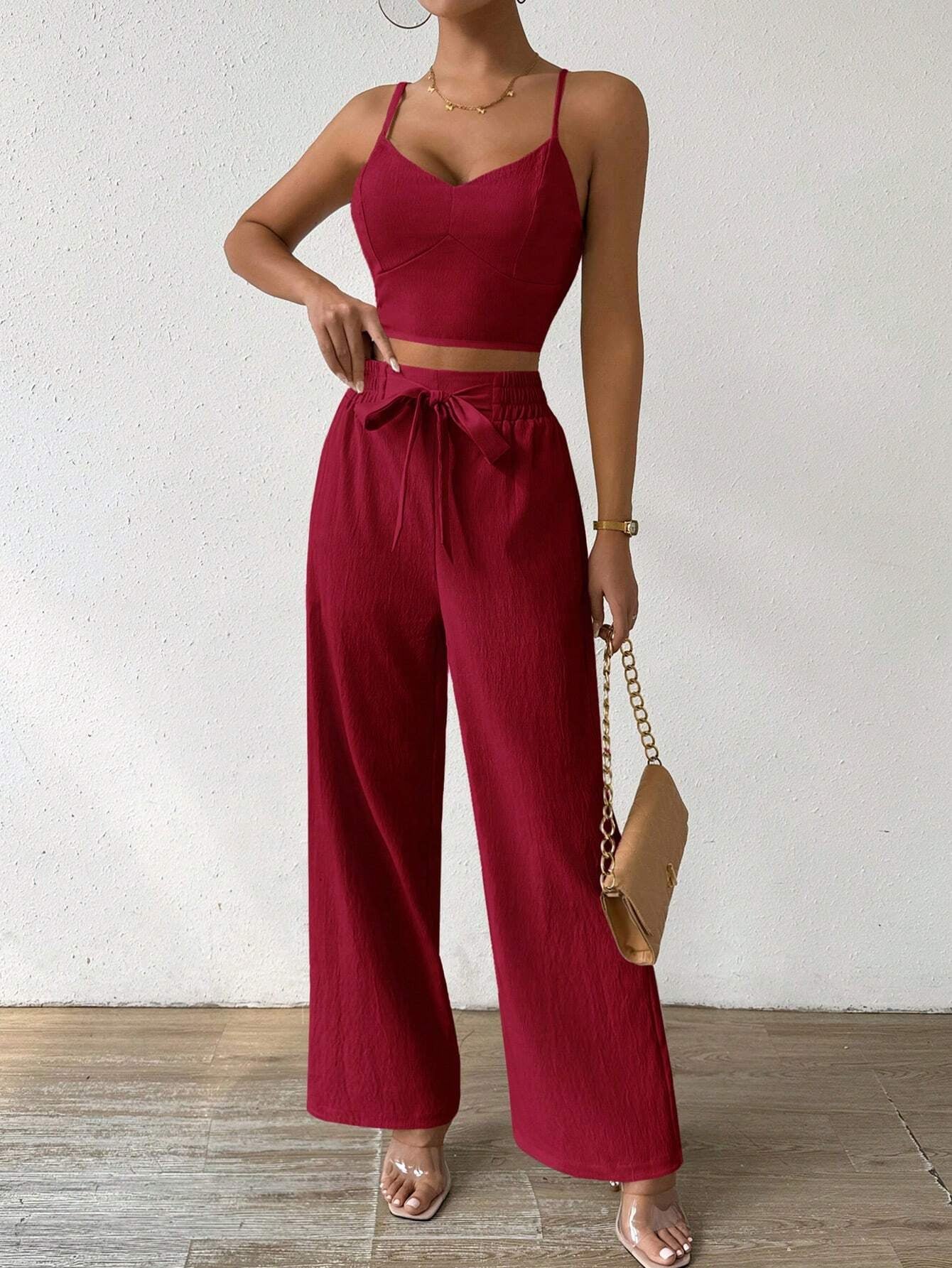 SHEIN RaffinéA Women'S Push-Up Bra Cup Strap Top with Bowknot, Elastic Straight Pants, Holiday 2Pcs Set