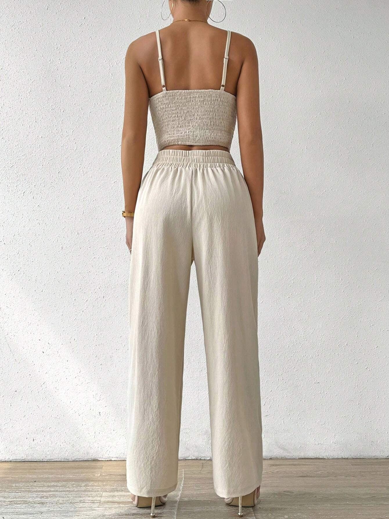 SHEIN RaffinéA Women'S Push-Up Bra Cup Strap Top with Bowknot, Elastic Straight Pants, Holiday 2Pcs Set