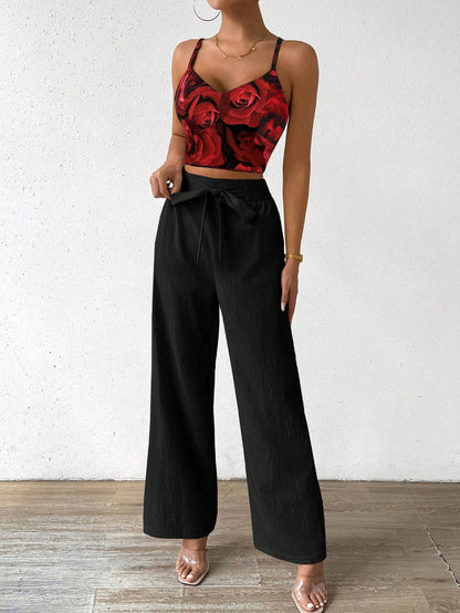 SHEIN RaffinéA Women'S Push-Up Bra Cup Strap Top with Bowknot, Elastic Straight Pants, Holiday 2Pcs Set