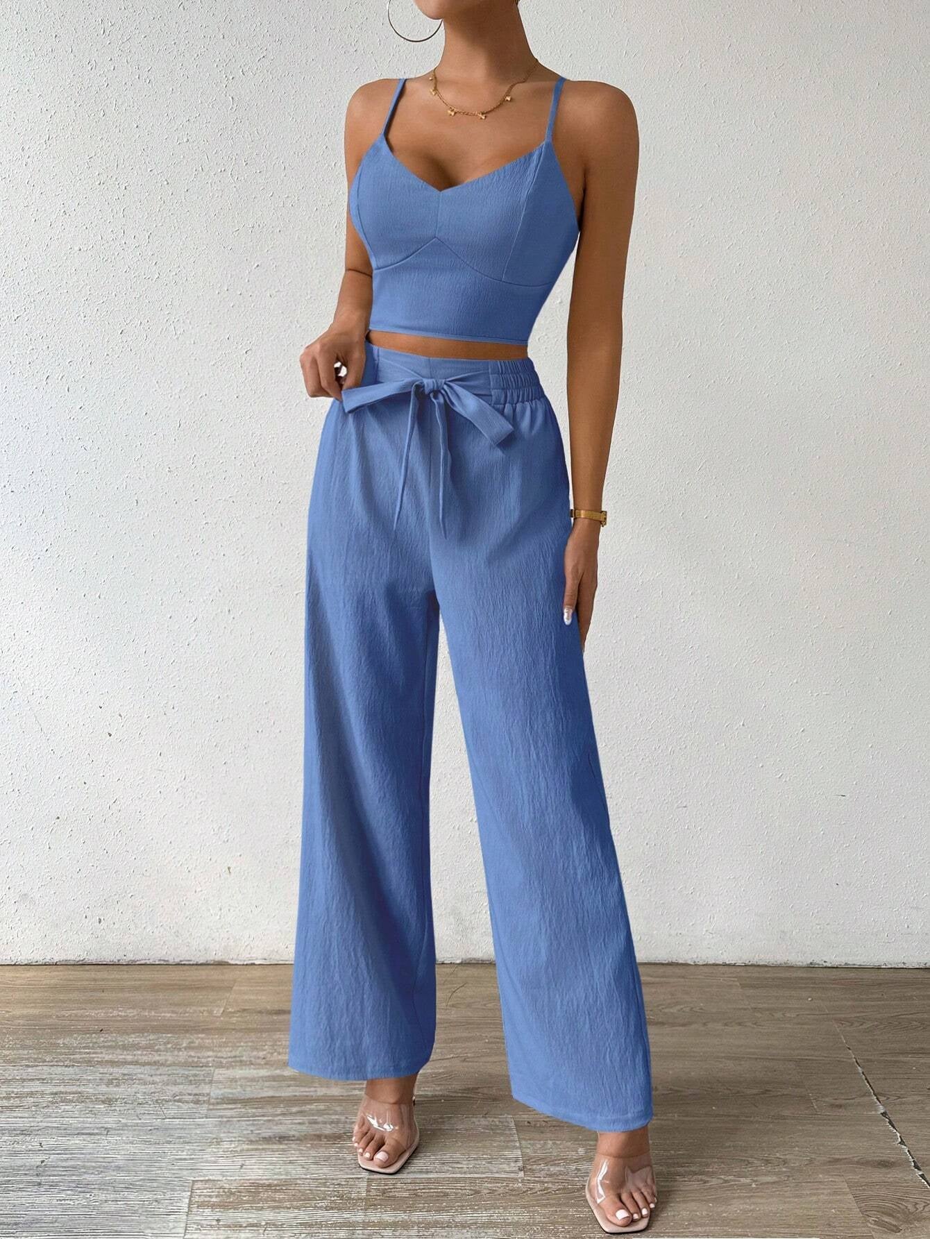 SHEIN RaffinéA Women'S Push-Up Bra Cup Strap Top with Bowknot, Elastic Straight Pants, Holiday 2Pcs Set