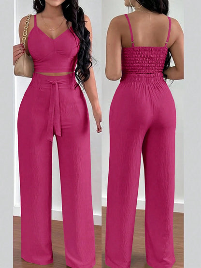 SHEIN RaffinéA Women'S Push-Up Bra Cup Strap Top with Bowknot, Elastic Straight Pants, Holiday 2Pcs Set