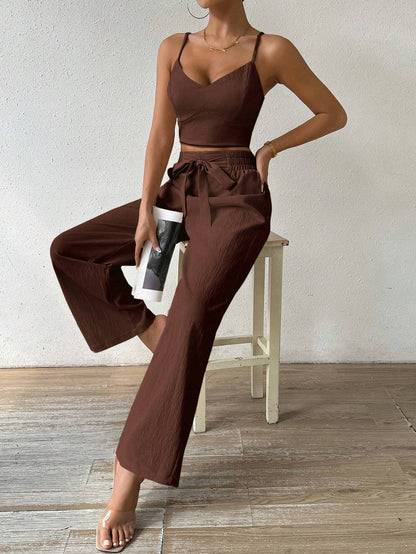 SHEIN RaffinéA Women'S Push-Up Bra Cup Strap Top with Bowknot, Elastic Straight Pants, Holiday 2Pcs Set