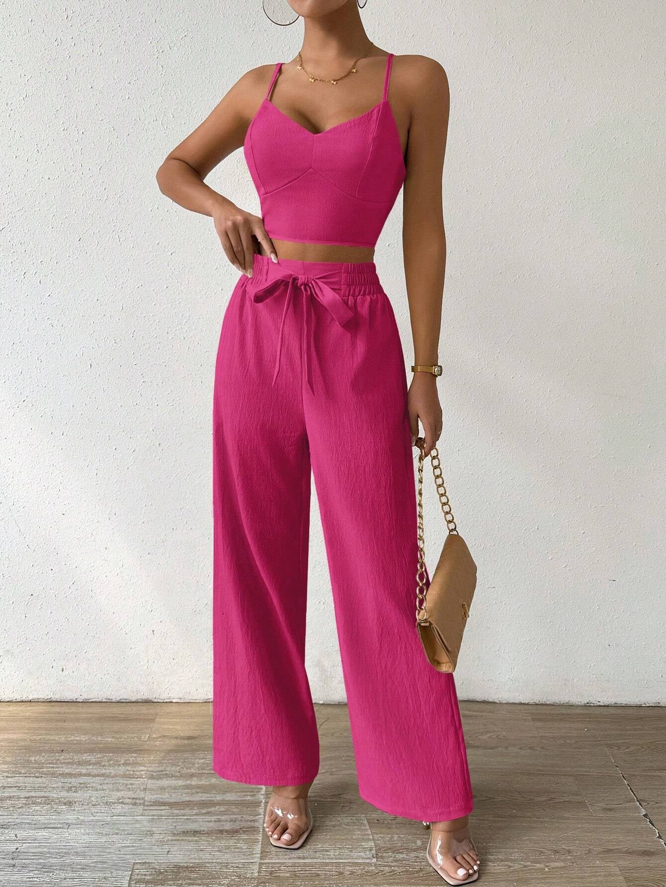 SHEIN RaffinéA Women'S Push-Up Bra Cup Strap Top with Bowknot, Elastic Straight Pants, Holiday 2Pcs Set