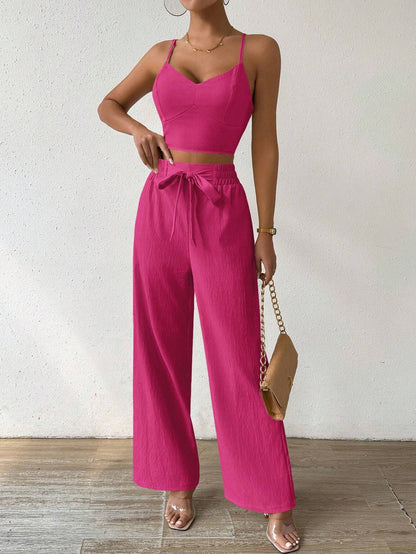 SHEIN RaffinéA Women'S Push-Up Bra Cup Strap Top with Bowknot, Elastic Straight Pants, Holiday 2Pcs Set
