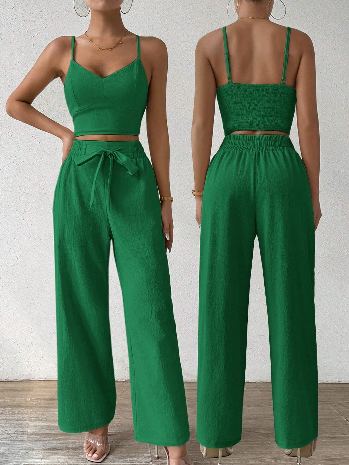 SHEIN RaffinéA Women'S Push-Up Bra Cup Strap Top with Bowknot, Elastic Straight Pants, Holiday 2Pcs Set