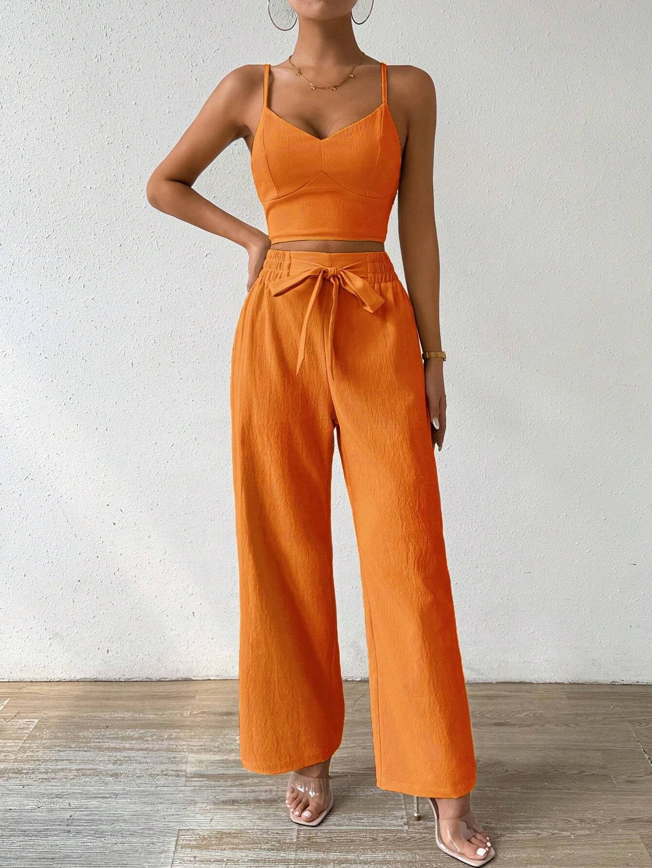 SHEIN RaffinéA Women'S Push-Up Bra Cup Strap Top with Bowknot, Elastic Straight Pants, Holiday 2Pcs Set