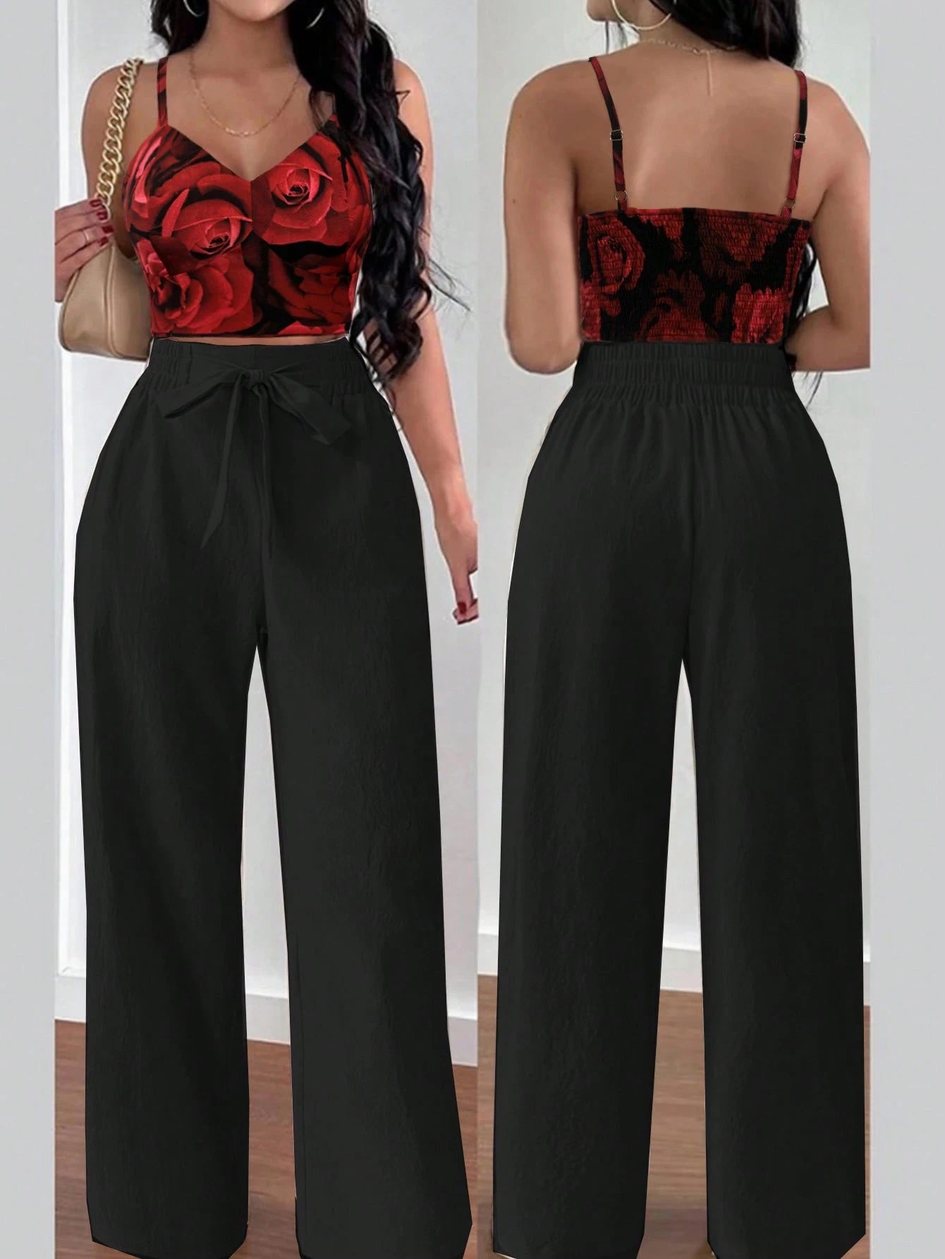 SHEIN RaffinéA Women'S Push-Up Bra Cup Strap Top with Bowknot, Elastic Straight Pants, Holiday 2Pcs Set