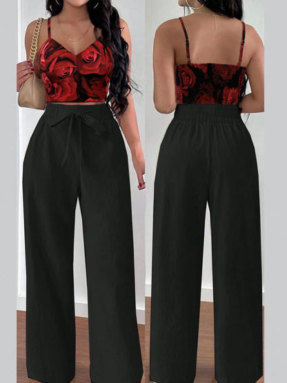 SHEIN RaffinéA Women'S Push-Up Bra Cup Strap Top with Bowknot, Elastic Straight Pants, Holiday 2Pcs Set