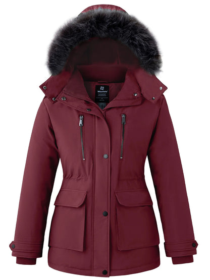 Women'S Big and Tall Winter Coat Recycled Waterproof Puffer Jacket Windproof Hooded Parka Jacket Wine Red 2XL