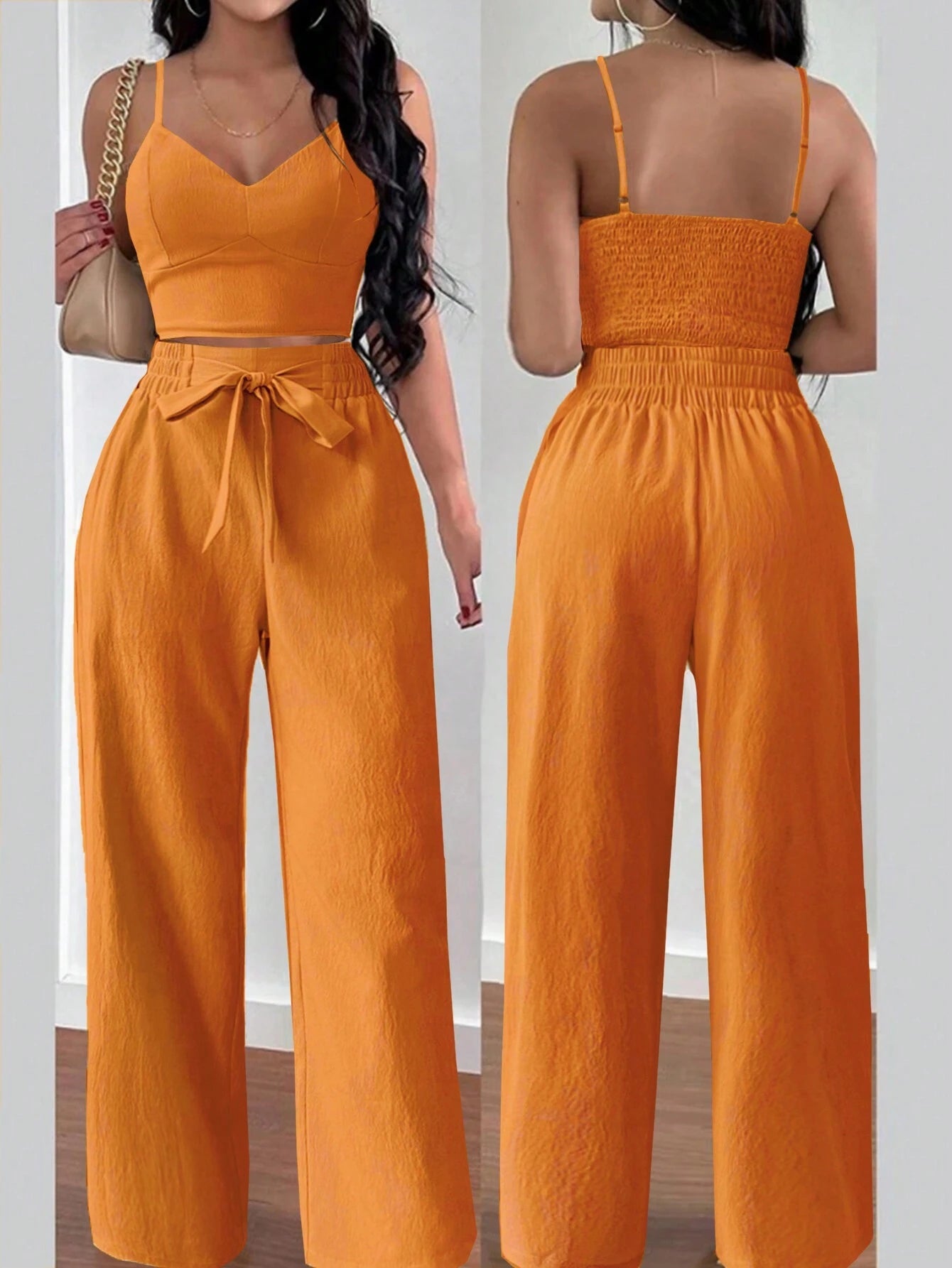 SHEIN RaffinéA Women'S Push-Up Bra Cup Strap Top with Bowknot, Elastic Straight Pants, Holiday 2Pcs Set